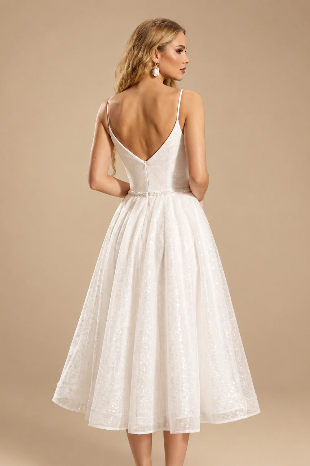Rutipo Ivory Shiny A-Line V-Neck Sleeveless Little White Sequined Wedding Dresses