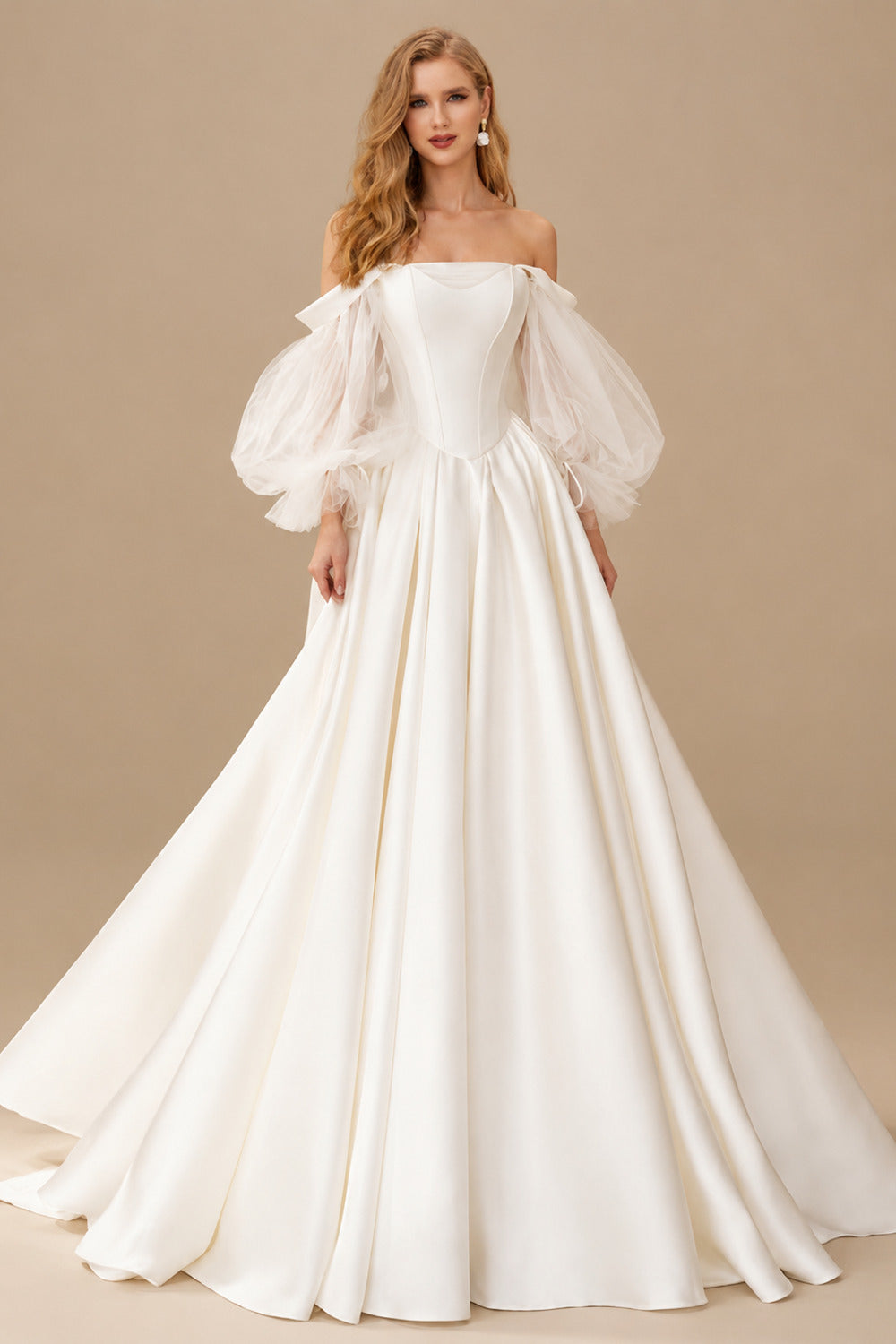 Rutipo Ivory Ball-Gown Off-The-Shoulder Long Sleeves Satin Wedding Dresses With Pleated
