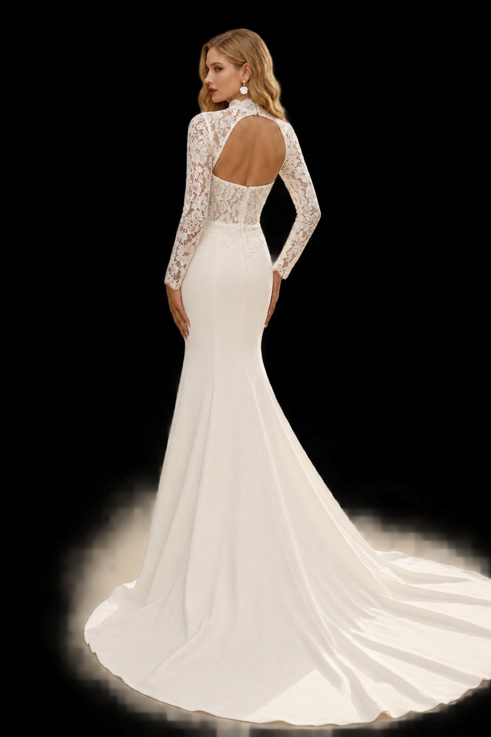 Rutipo Ivory Elegant Lace Mermaid High Neck Long Sleeves Wedding Dresses With Sweep Train