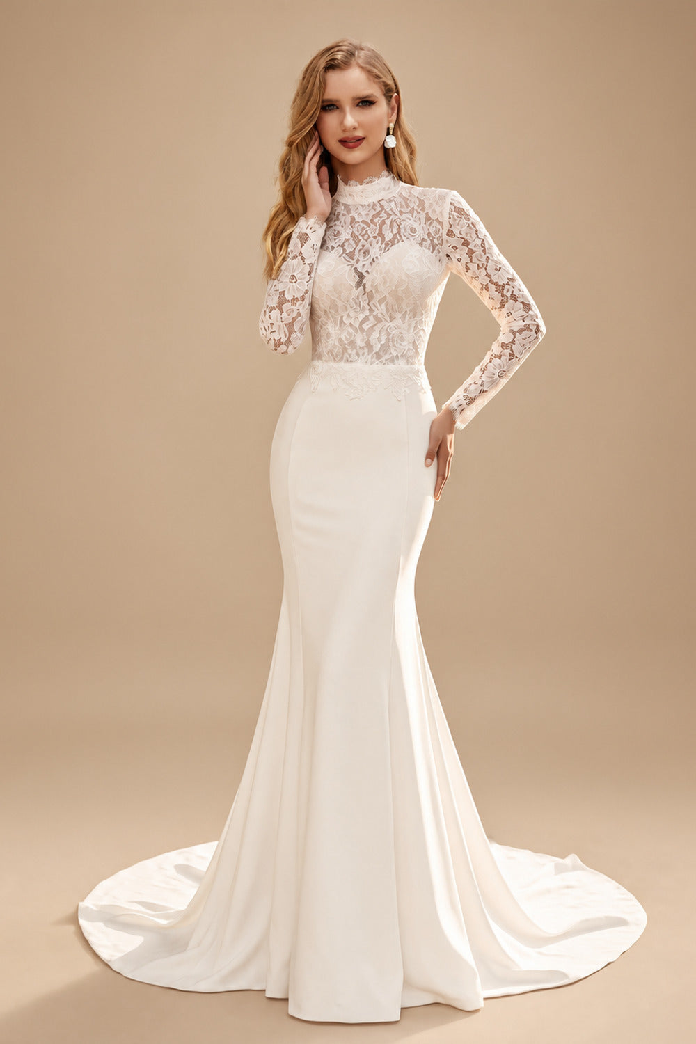 Rutipo Ivory Elegant Lace Mermaid High Neck Long Sleeves Wedding Dresses With Sweep Train