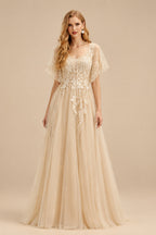 Rutipo Champagne Ball-Gown V-Neck Long Sleeves Lace/Tulle Wedding Dresses With Split Front