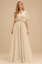 Rutipo Champagne Ball-Gown V-Neck Long Sleeves Lace/Tulle Wedding Dresses With Split Front