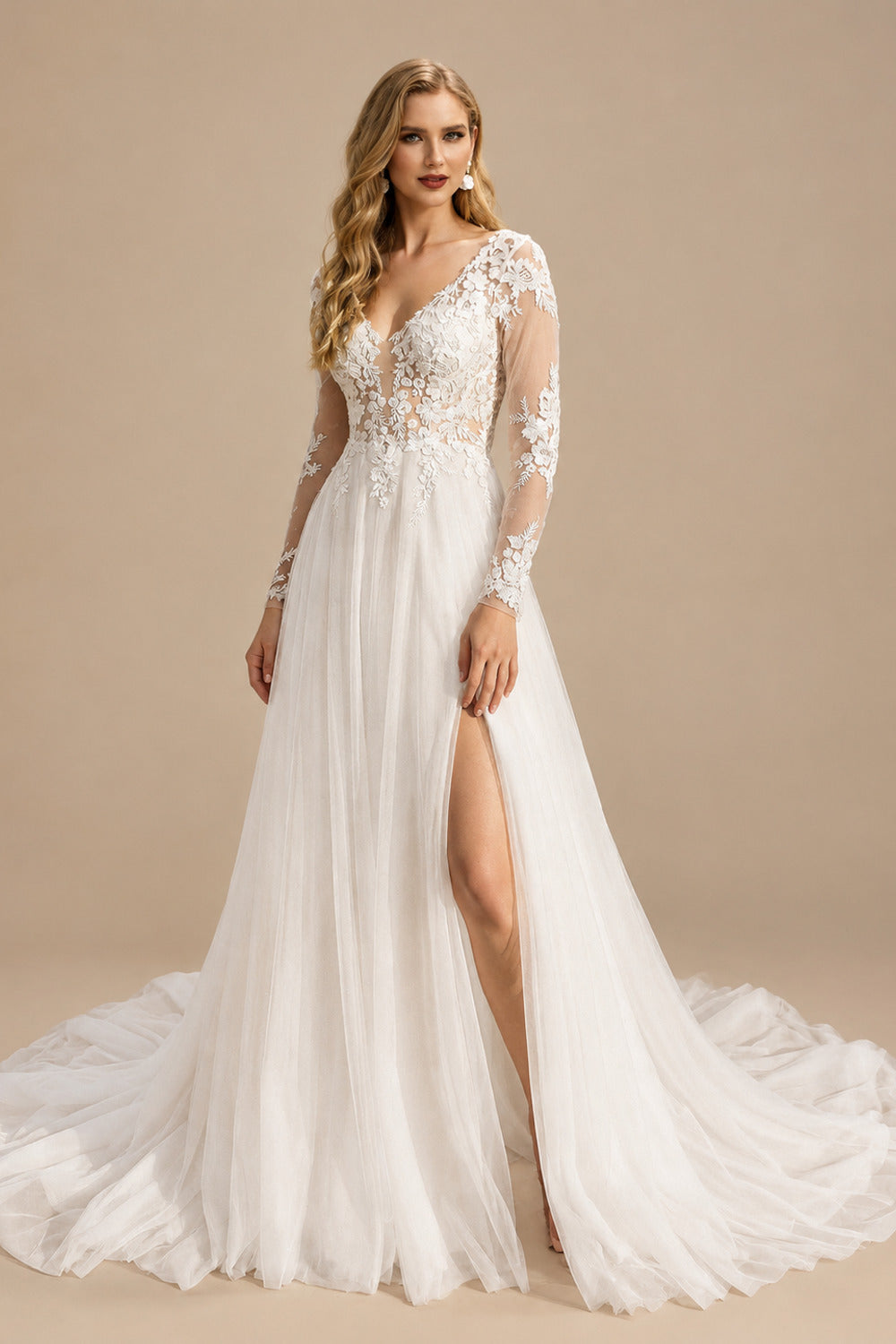 Rutipo Ivory Ball-Gown V-Neck Long Sleeves Lace/Tulle Wedding Dresses With Split Front