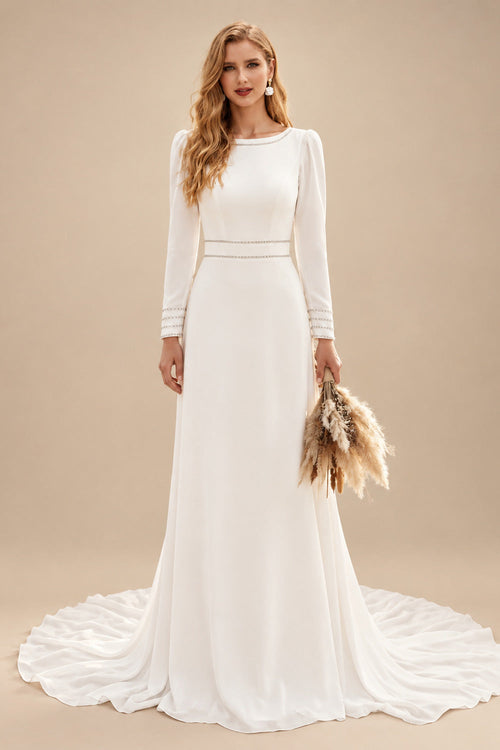 Rutipo Ivory A-Line Scoop Neck Long Sleeves Court Train Wedding Dresses