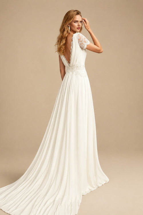 Rutipo Ivory A-Line Scoop Neck Short Sleeves Court Train Chiffon Wedding Dresses