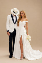Rutipo Ivory Off-The-Shoulder Simple A-Line Pleated Wedding Dresses With Split Front
