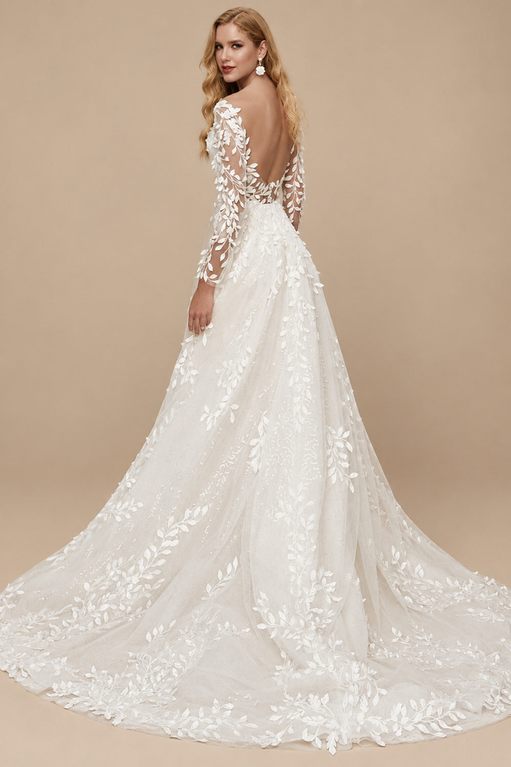 Rutipo Ivory Open Back Lace Long Sleeves Sweep Train Wedding Dresses