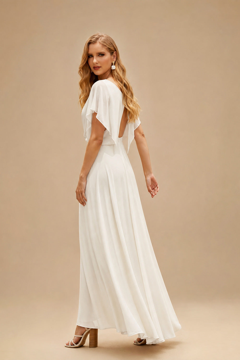 Rutipo Ivory Sheath/Column Short Sleeves Floor-Length Lace Wedding Dresses