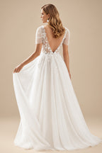 Rutipo Ivory Boho Ball-Gown V-Neck Short Sleeves Lace/Tulle Wedding Dresses With Split Front