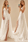 Rutipo Ivory Beach V-Neck Sparkly Lace Wedding Dresses With Split Front