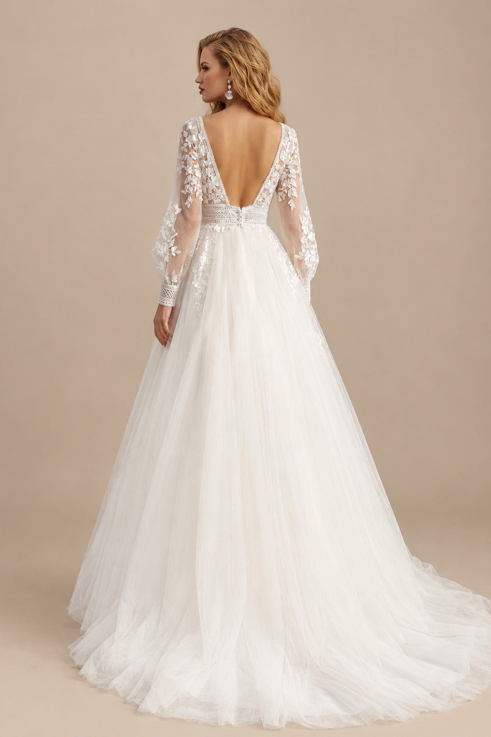 Rutipo Ivory Elegant Ball-Gown V-Neck Long Sleeves Lace/Tulle Wedding Dresses