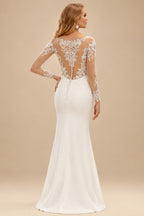 Rutipo Ivory Beach Elegant Long Sleeves Sweep Train Elastic Satin Wedding Dresses