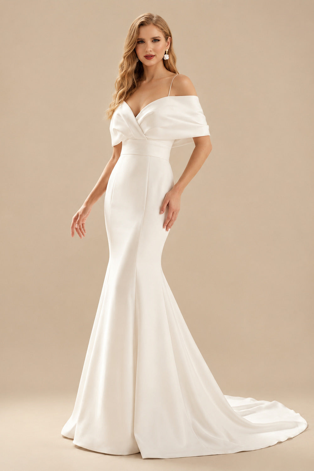 Rutipo Ivory Mermaid Off-The-Shoulder Sleeveless Sweep Train Charmeuse Wedding Dresses