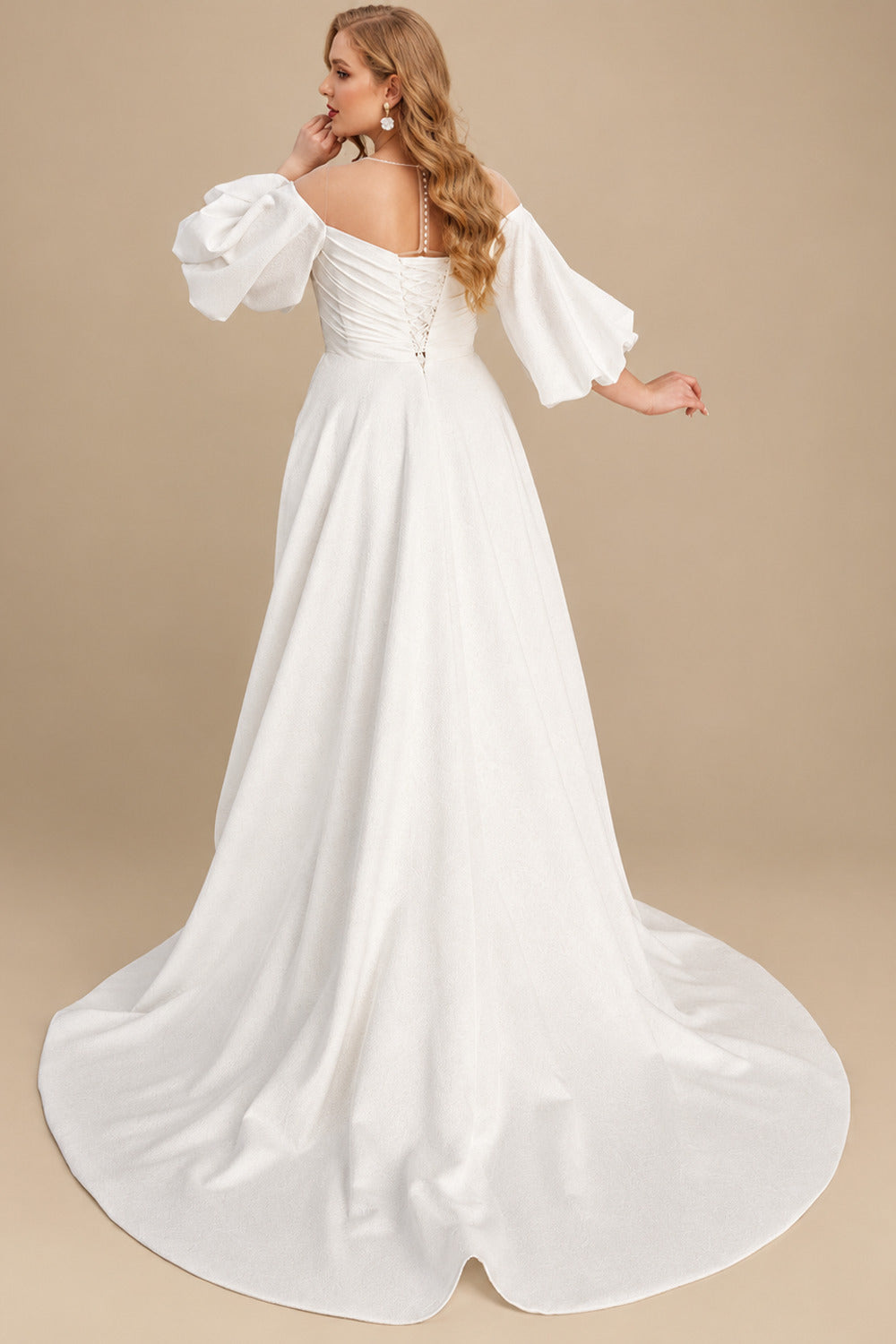 Rutipo Ivory Ball-Gown Illusion Neck 1/2 Sleeves Sweep Train Satin Wedding Dresses