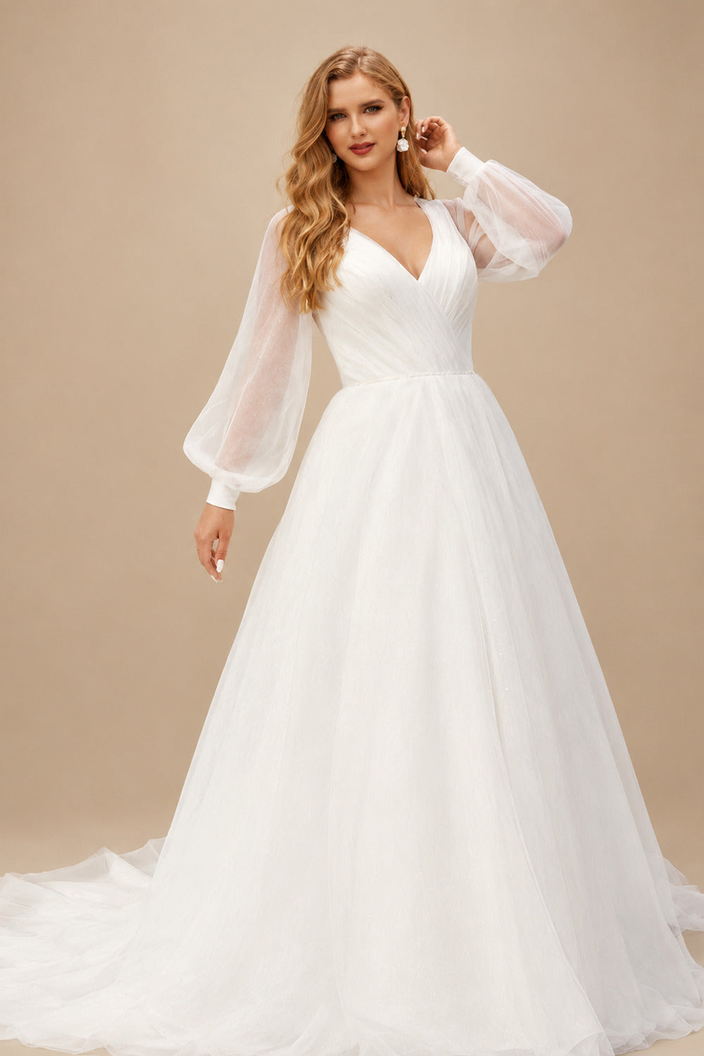 Rutipo Ivory Plus Size A-Line V-Neck Long Sleeves Sweep Train Chiffon Wedding Dresses