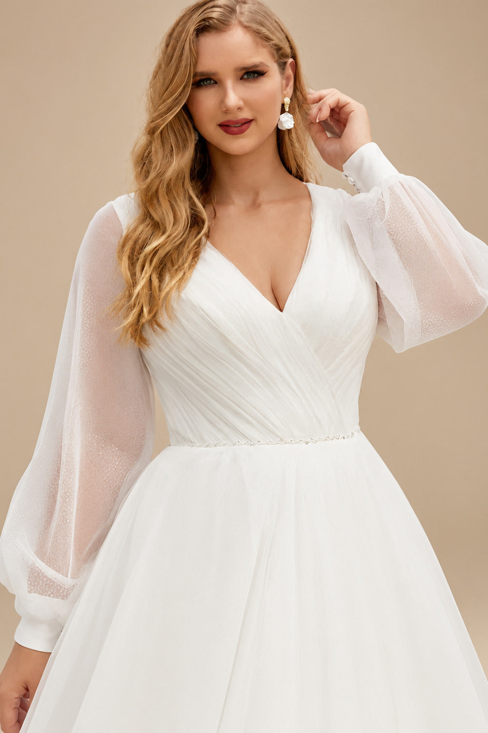 Rutipo Ivory Plus Size A-Line V-Neck Long Sleeves Sweep Train Chiffon Wedding Dresses