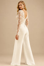 Rutipo Ivory Illusion Neck Long Sleeves Sweep Train Lace Wedding Jumpsuit