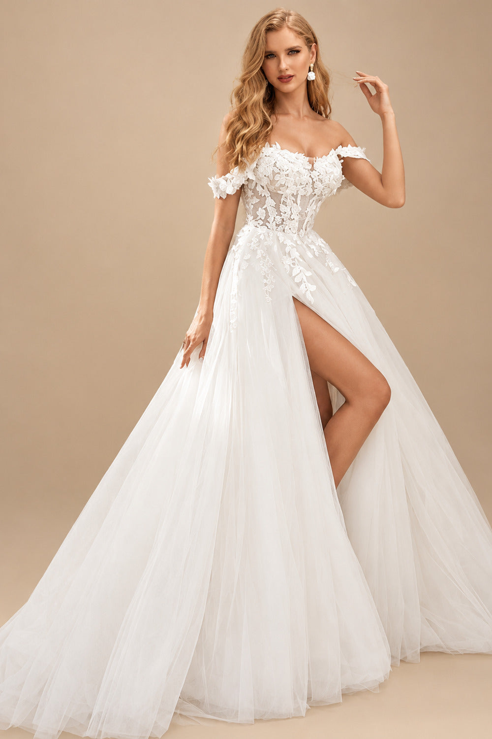 Rutipo Ivory A-Line Off-The-Shoulder Lace/Tulle Wedding Dresses With Split Front