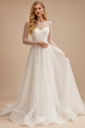 Rutipo Ivory A-Line Illusion Neck Long Sleeves Sweep Train Sequined Wedding Dresses