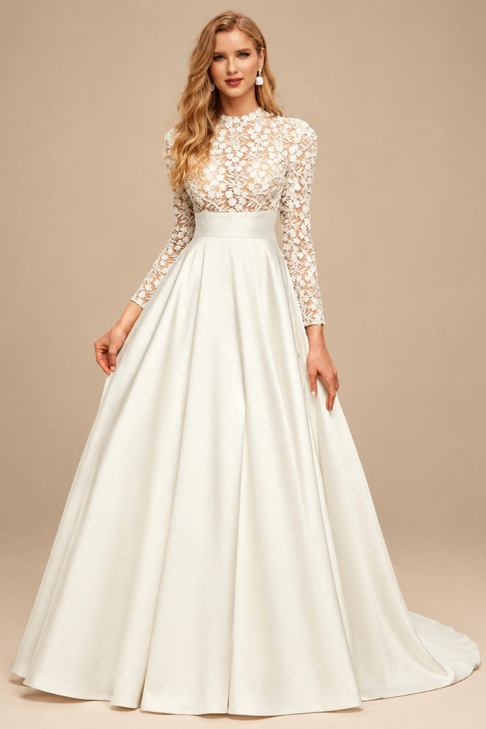 Rutipo As Picture Ball-Gown Long Sleeves Court Train Lace/Satin Wedding Dresses With Pockets