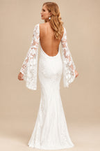 Rutipo Ivory Beach/Boho V-Neck Long Sleeves Court Train Lace Wedding Dresses