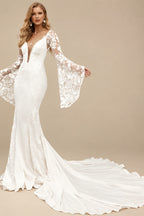 Rutipo Ivory Beach/Boho V-Neck Long Sleeves Court Train Lace Wedding Dresses