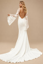 Rutipo Ivory Beach/Boho V-Neck Long Sleeves Court Train Lace Wedding Dresses
