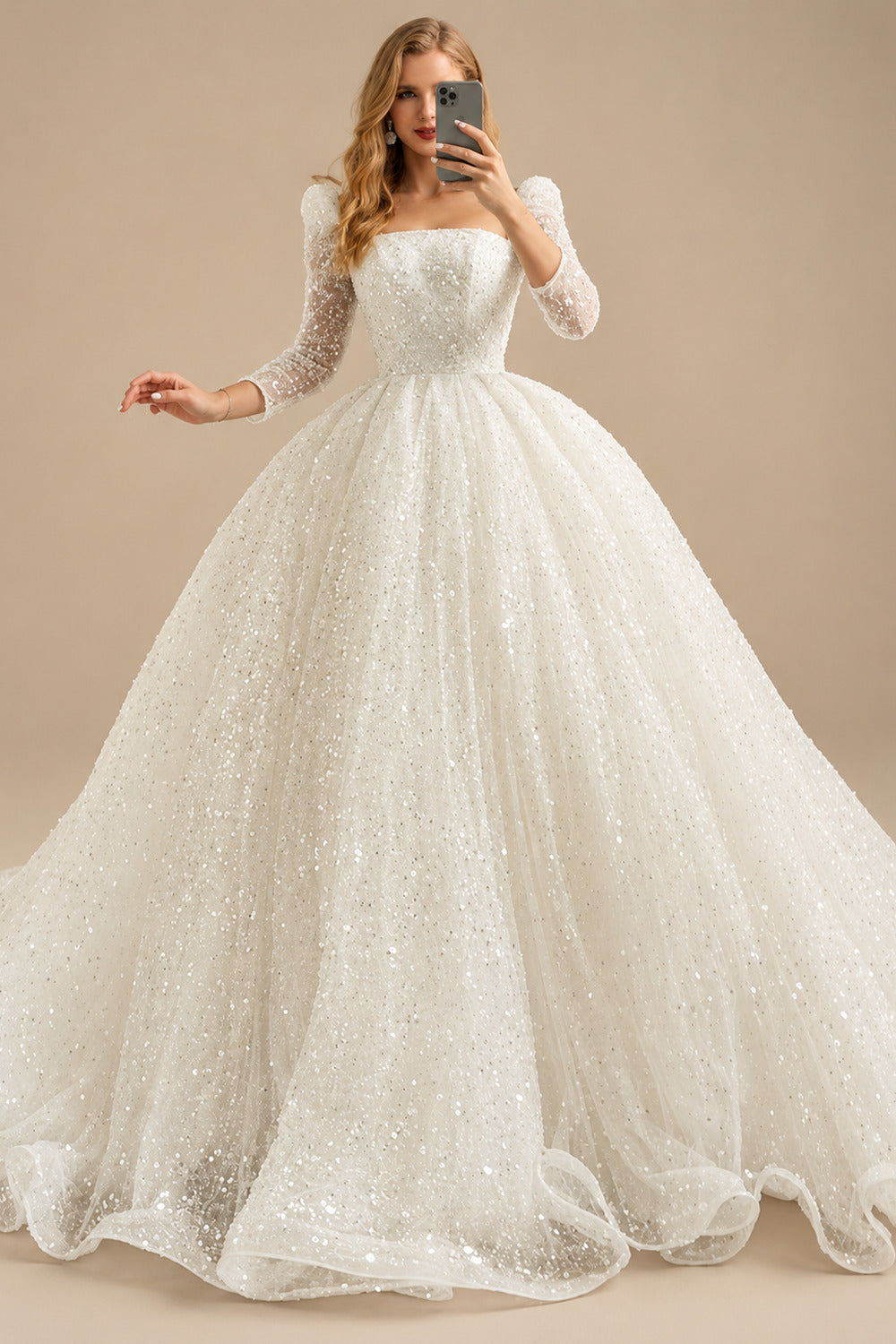 Rutipo Ivory Ball-Gown Square Neckline Long Sleeves Sequined Wedding Dresses