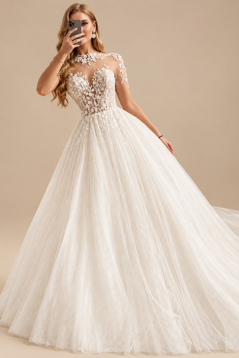 Rutipo Ivory Ball-Gown Illusion Neck Long Sleeves Sweep Train Lace/Tulle Wedding Dresses