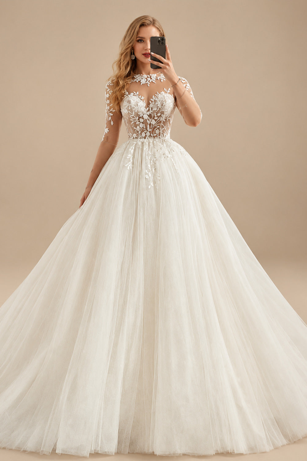 Rutipo Ivory Ball-Gown Illusion Neck Long Sleeves Sweep Train Lace/Tulle Wedding Dresses