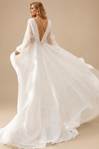 Rutipo Ivory A-Line Illusion Neck Long Sleeves Sweep Train Chiffon Wedding Dresses