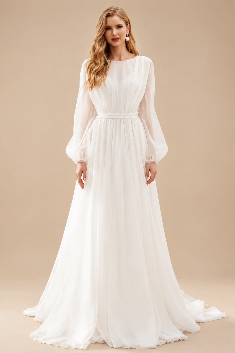 Rutipo Ivory A-Line Illusion Neck Long Sleeves Sweep Train Chiffon Wedding Dresses