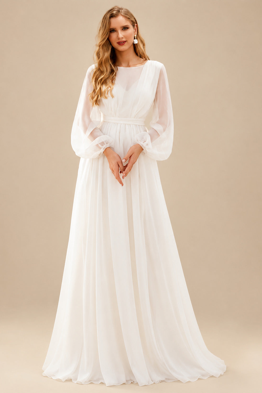 Rutipo Ivory A-Line Illusion Neck Long Sleeves Sweep Train Chiffon Wedding Dresses