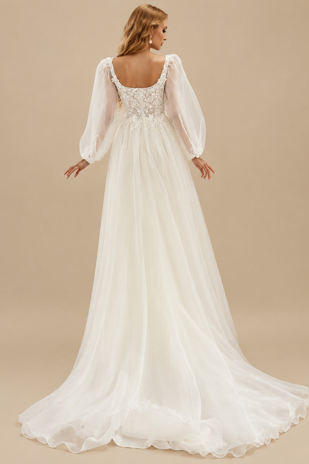 Rutipo Ivory A-Line Square Neckline Long Sleeves Lace/Tulle Wedding Dresses