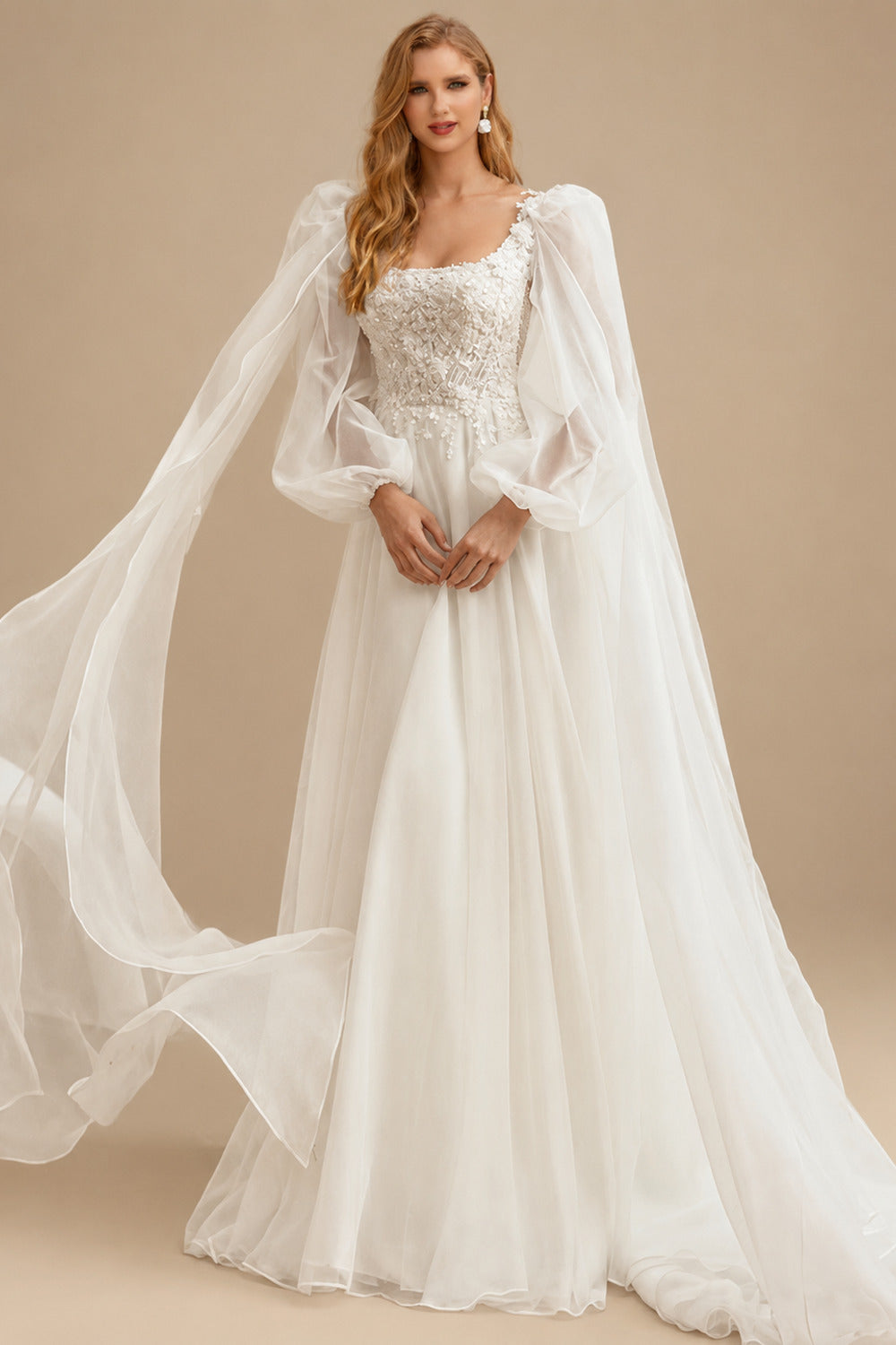 Rutipo Ivory A-Line Square Neckline Long Sleeves Lace/Tulle Wedding Dresses
