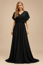 Rutipo Black Sheath/Column V-Neck Long Sleeves Floor-Length Elastic Satin Wedding Dresses