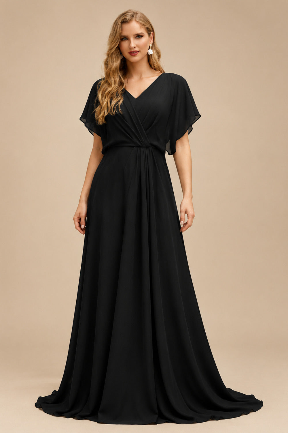 Rutipo Black Sheath/Column V-Neck Long Sleeves Floor-Length Elastic Satin Wedding Dresses