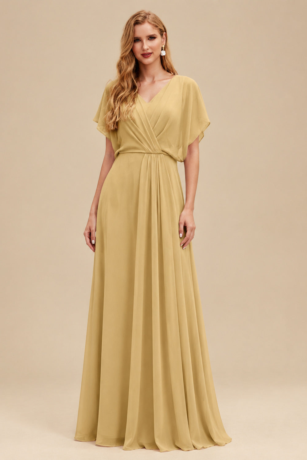 Rutipo Gold Sheath/Column V-Neck Long Sleeves Floor-Length Elastic Satin Wedding Dresses