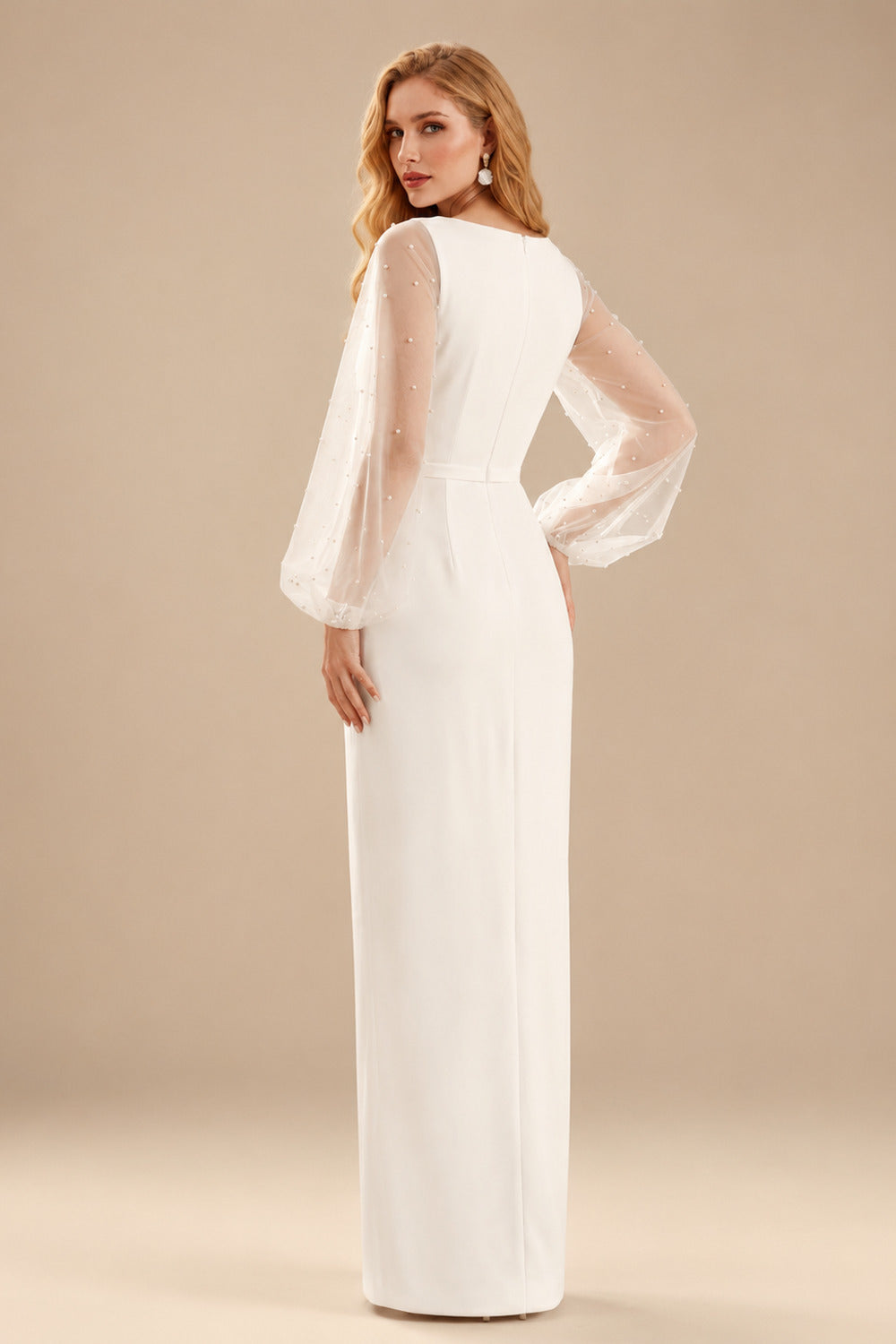 Rutipo Ivory Sheath/Column V-Neck Long Sleeves Floor-Length Elastic Satin Wedding Dresses