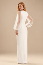 Rutipo Ivory Sheath/Column V-Neck Long Sleeves Floor-Length Elastic Satin Wedding Dresses