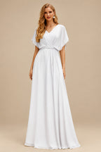Rutipo White Sheath/Column V-Neck Long Sleeves Floor-Length Elastic Satin Wedding Dresses