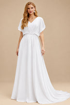 Rutipo White Sheath/Column V-Neck Long Sleeves Floor-Length Elastic Satin Wedding Dresses
