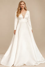 Rutipo Ivory Plus Size A-Line Long Sleeves Sweep Train Satin Wedding Dresses
