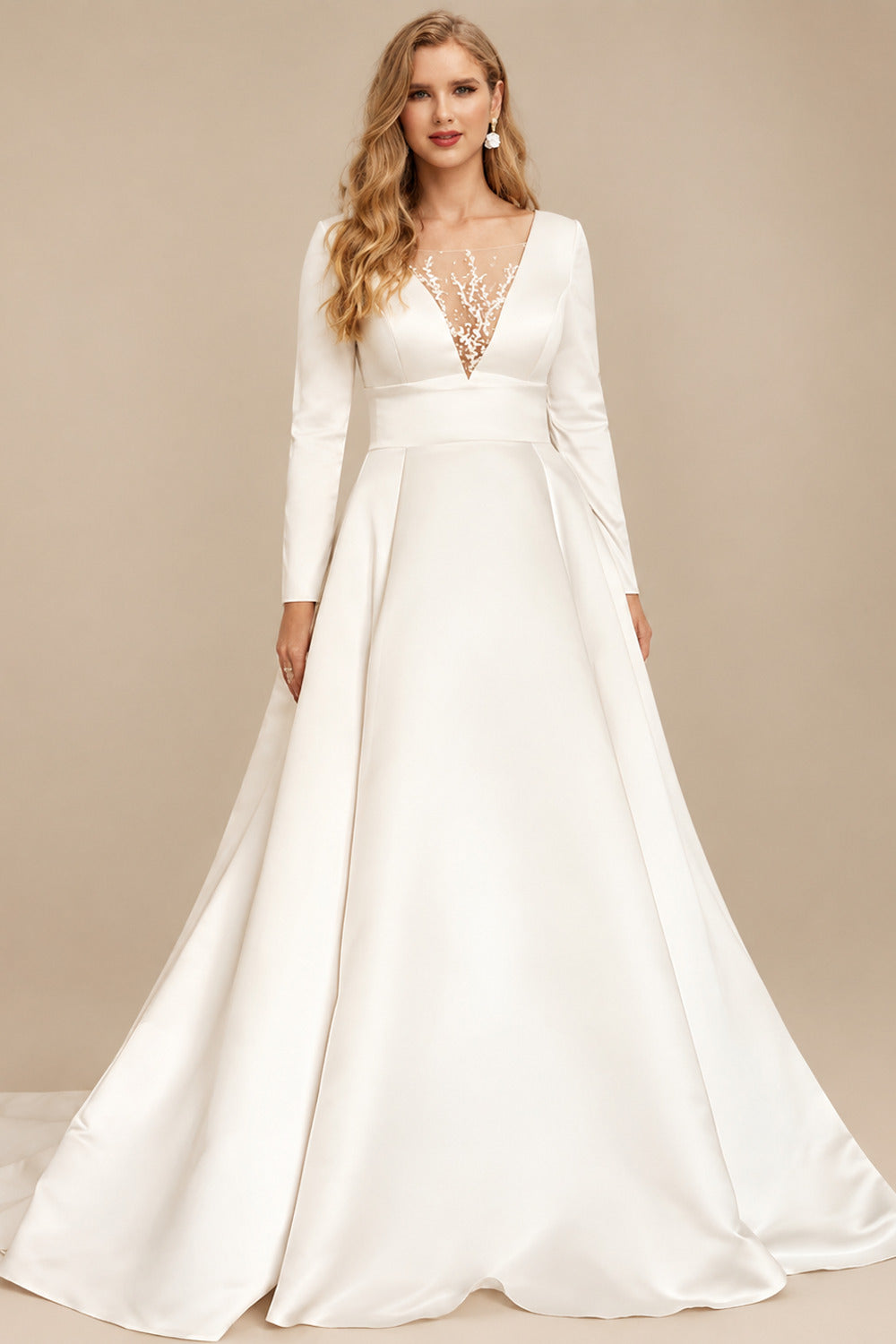 Rutipo Ivory Plus Size A-Line Long Sleeves Sweep Train Satin Wedding Dresses