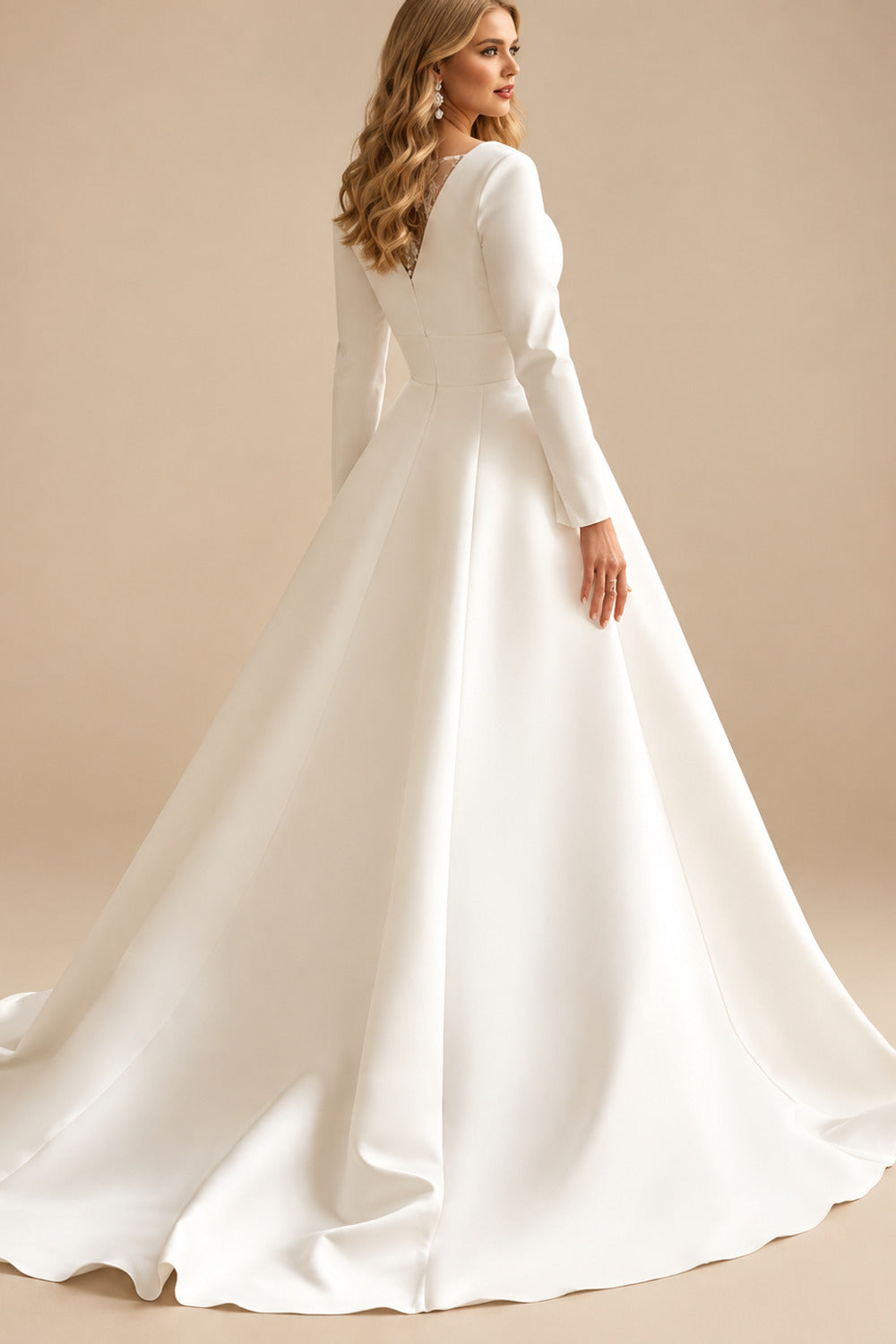 Rutipo Ivory Plus Size A-Line Long Sleeves Sweep Train Satin Wedding Dresses