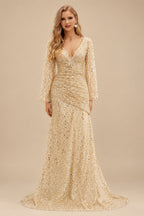 Rutipo Champagne Sparkly V-Neck Long Sleeves Sweep Train Sequined Wedding Dresses With Split Front