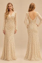 Rutipo Champagne Sparkly V-Neck Long Sleeves Sweep Train Sequined Wedding Dresses With Split Front
