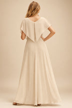 Rutipo Champagne Sparkly V-Neck Long Sleeves Sweep Train Sequined Wedding Dresses With Split Front