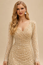 Rutipo Champagne Sparkly V-Neck Long Sleeves Sweep Train Sequined Wedding Dresses With Split Front