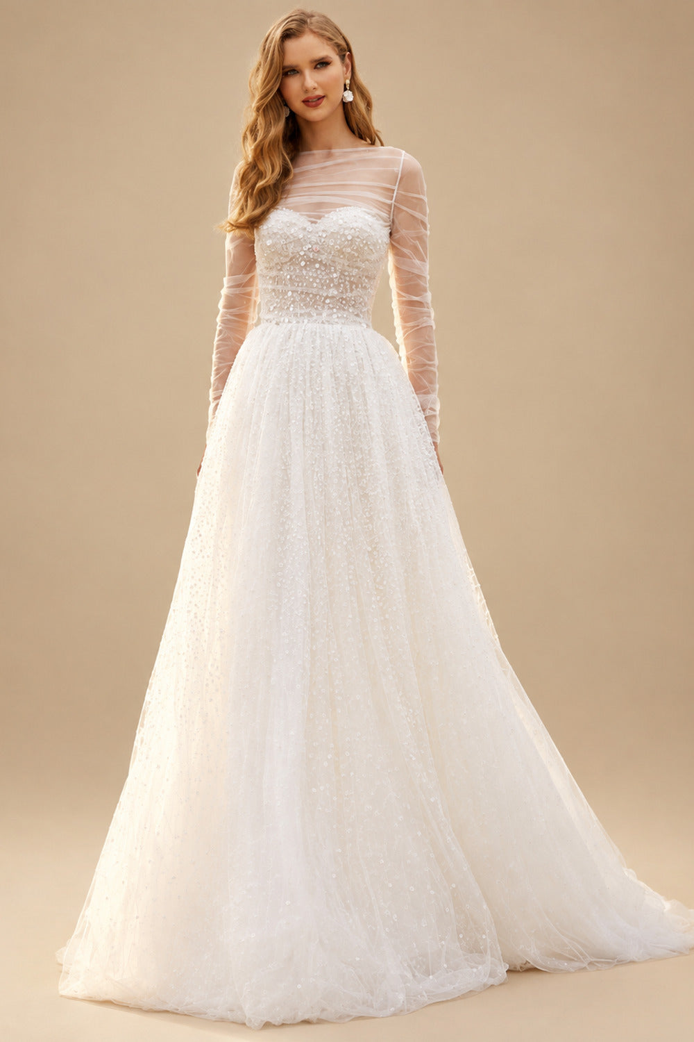 Rutipo Ivory A-Line Illusion Neck Long Sleeves Sweep Train Tulle/Sequined Wedding Dresses